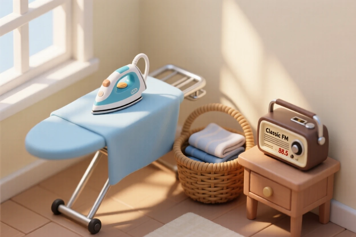 A quiet Sunday scene of ironing clothes while listening to the radio, a basket of folded laundry nearby, and sunlight streaming through the window.