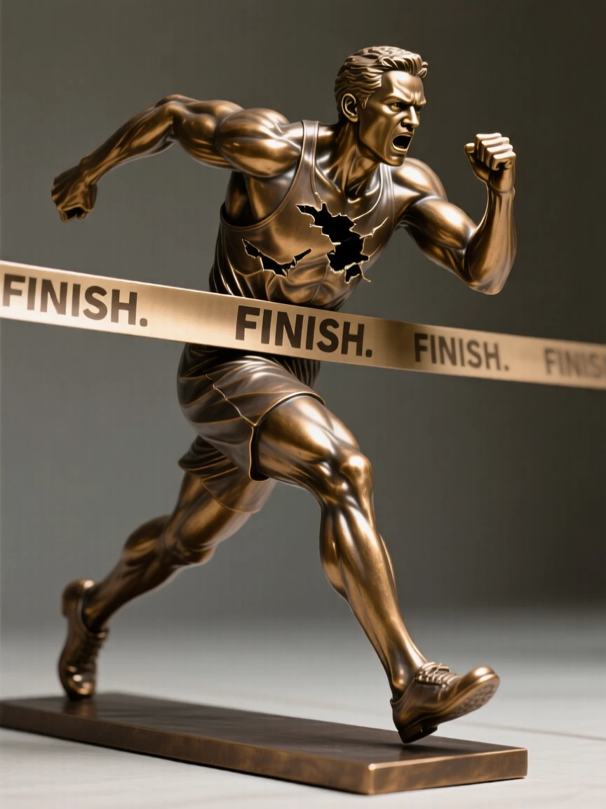 A runner breaking through the finish line tape, captured at the peak of a powerful movement, forming a strong central focal point