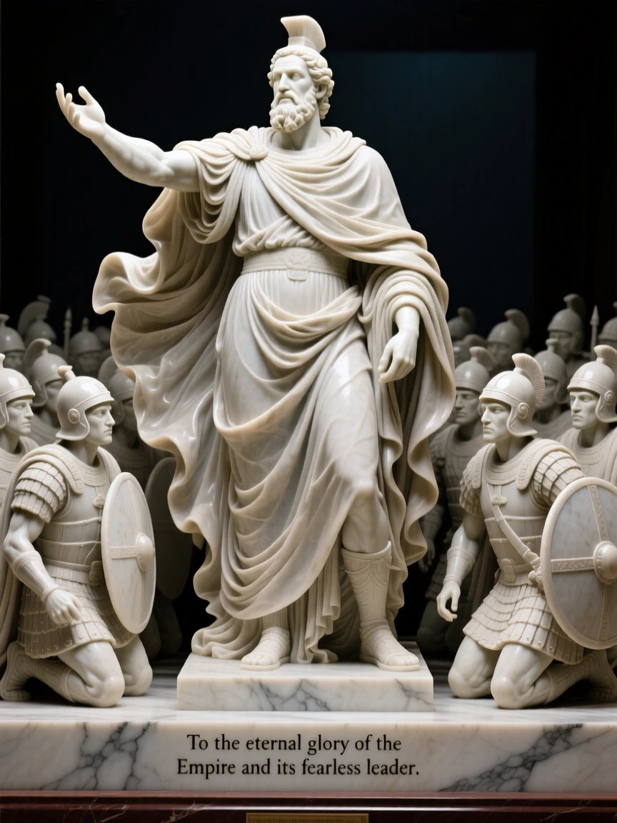 An epic scene of an emperor addressing his kneeling legion, cloaked in flowing fabric that ripples in the wind, evoking myth and grandeur
