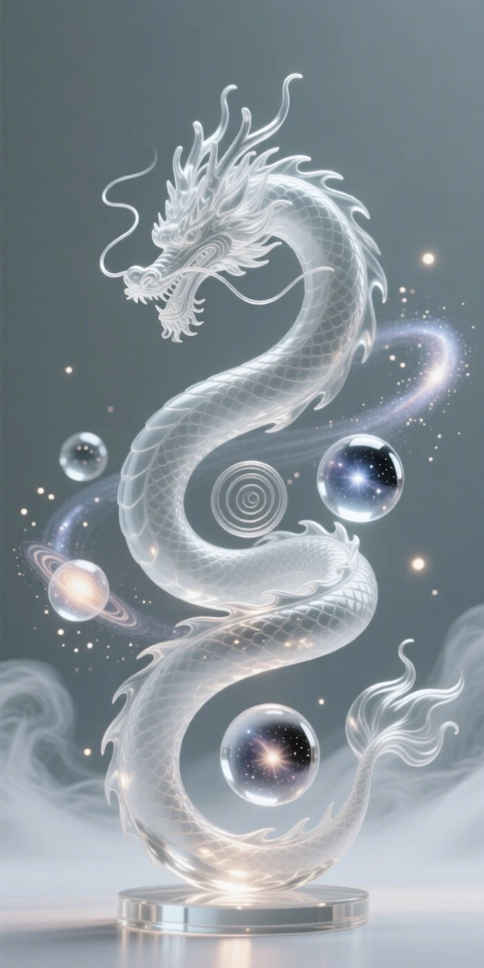 A celestial dragon coiling through swirling galaxies surrounded by softly glowing particles and gentle mist, wide cinematic composition, radiating magic and serenity.