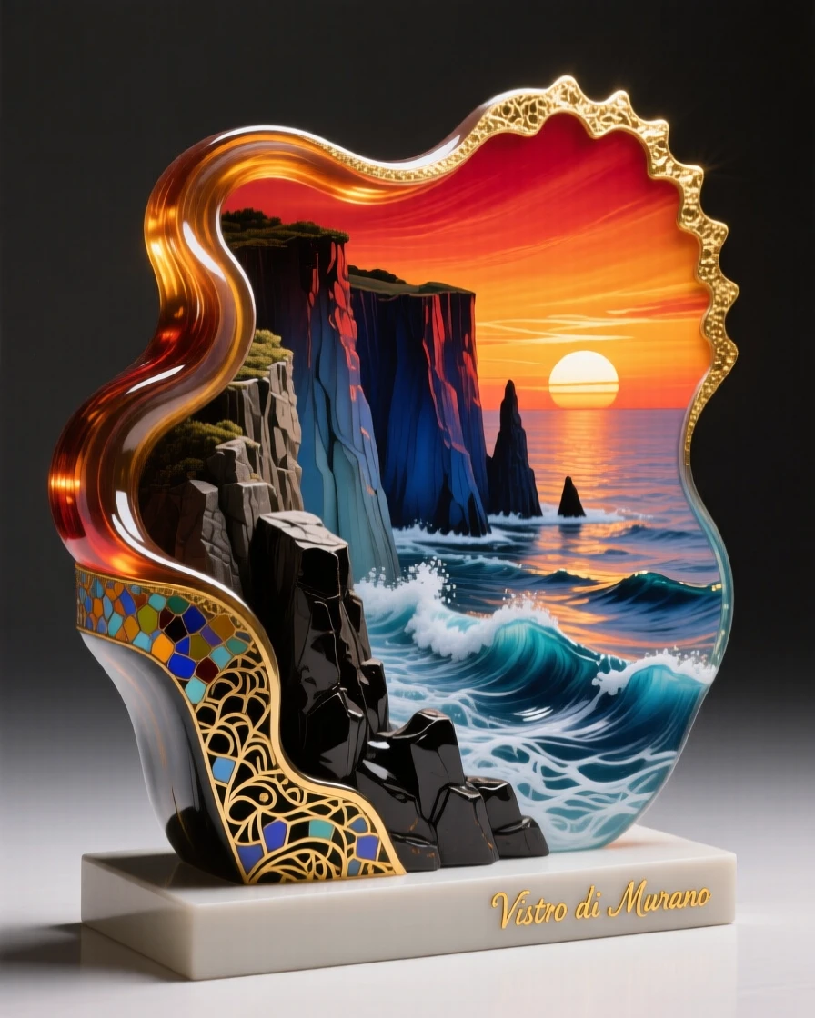 A dramatic coastal cliff at sunset with waves crashing far below, powerful and vast.