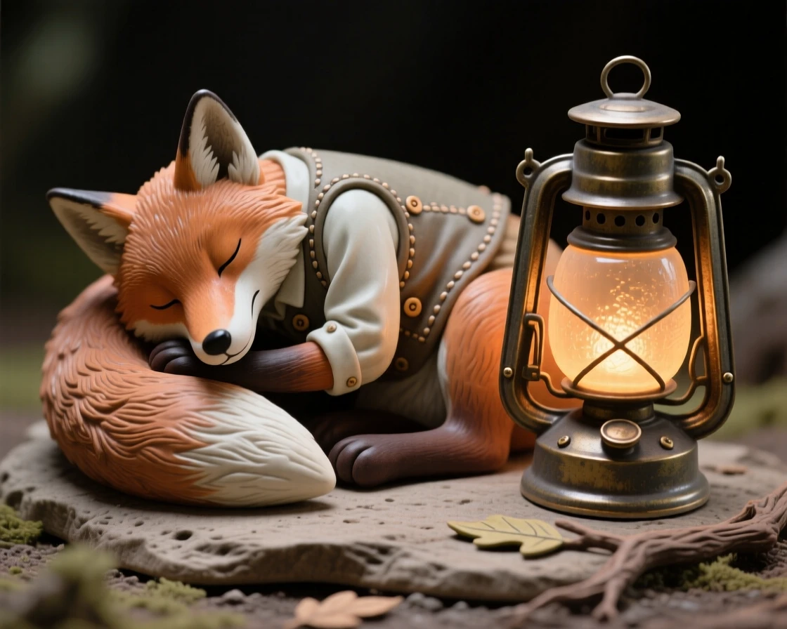A fox curled asleep beside a glowing lantern captured in a charming, storybook moment, dressed in small, carefully stitched garments, capturing the magic of imaginative make-believe.