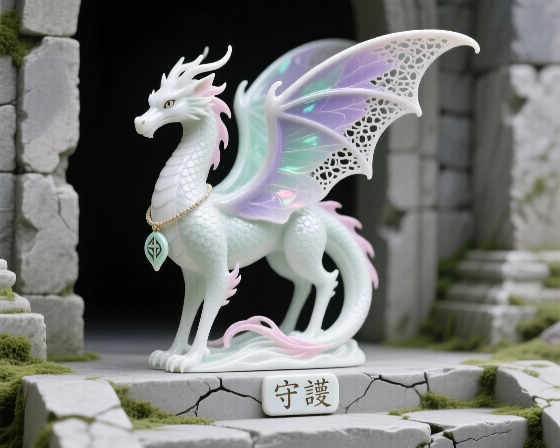 A majestic fairy dragon guarding the entrance to an ancient ruin, an aura of quiet, ancient power surrounding it.