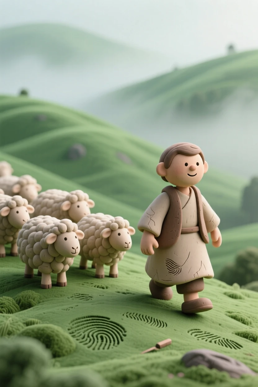 A shepherd guiding a flock of sheep across a misty green hillside