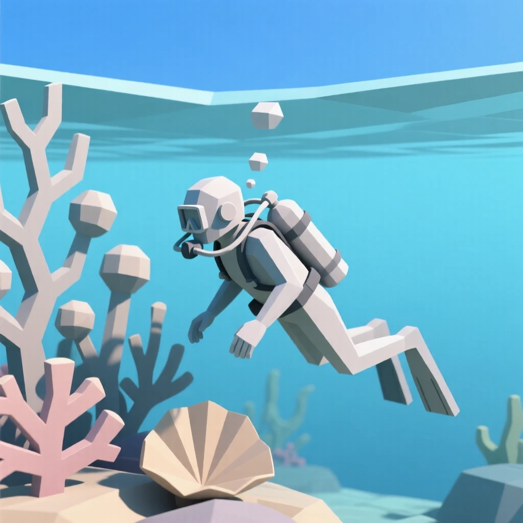 A diver exploring a vibrant coral reef, beneath a clear blue sky. fine details highlight skill and craftsmanship. It captures a feeling of personal accomplishment.