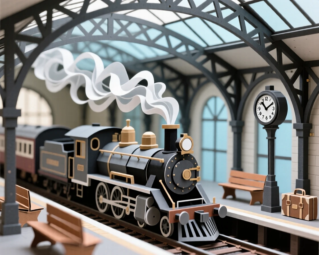 A grand train station with an ornate iron and glass ceiling, steam curling from a vintage locomotive below, evoking nostalgic elegance and adventure.