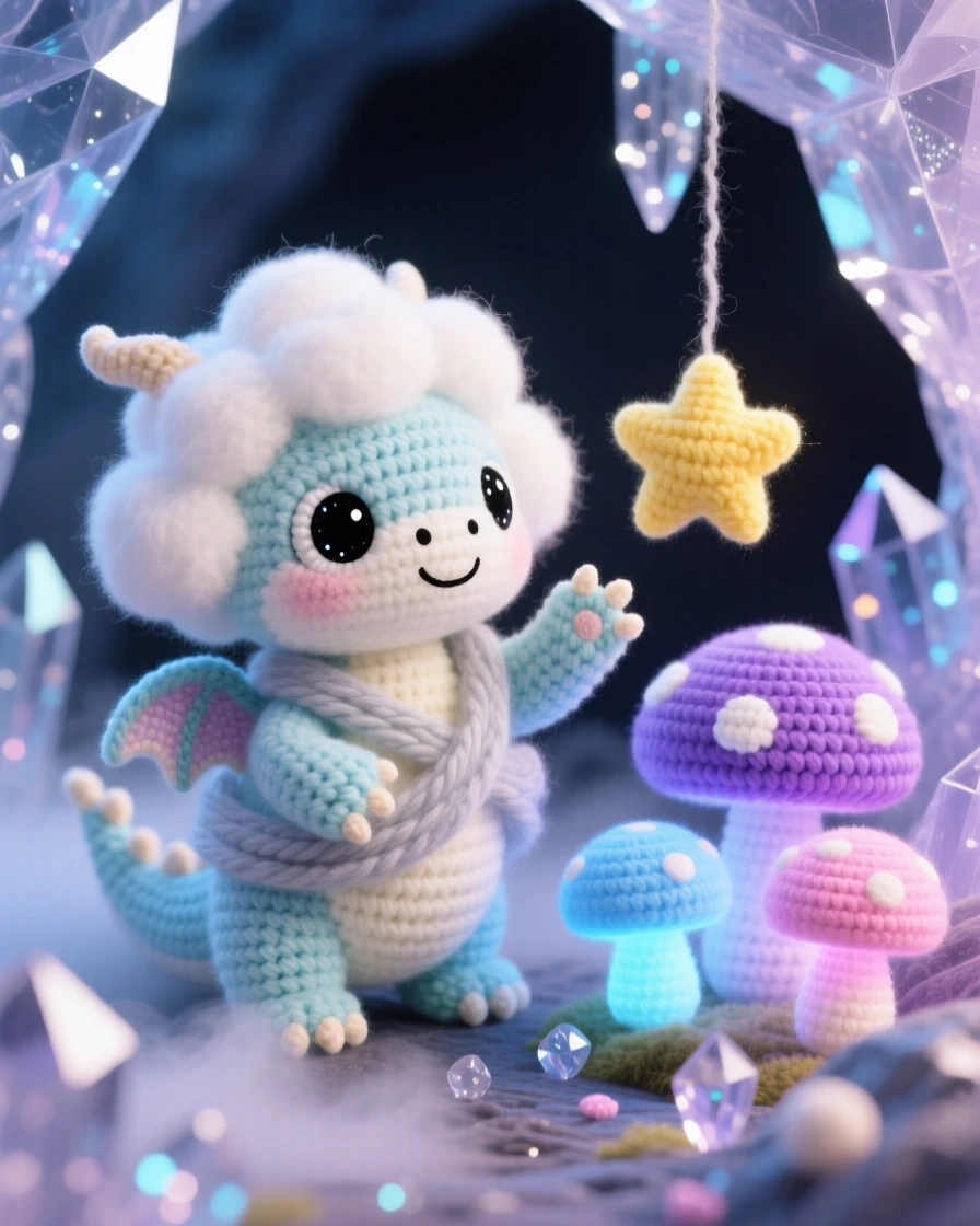 A charming portrait of a small baby cloud dragon hatchling, wrapped in wisps of soft mist, curling around a floating star beside a cluster of luminous mushrooms in a crystal cave sparkling with soft light, conveying playful whimsy and lighthearted charm.