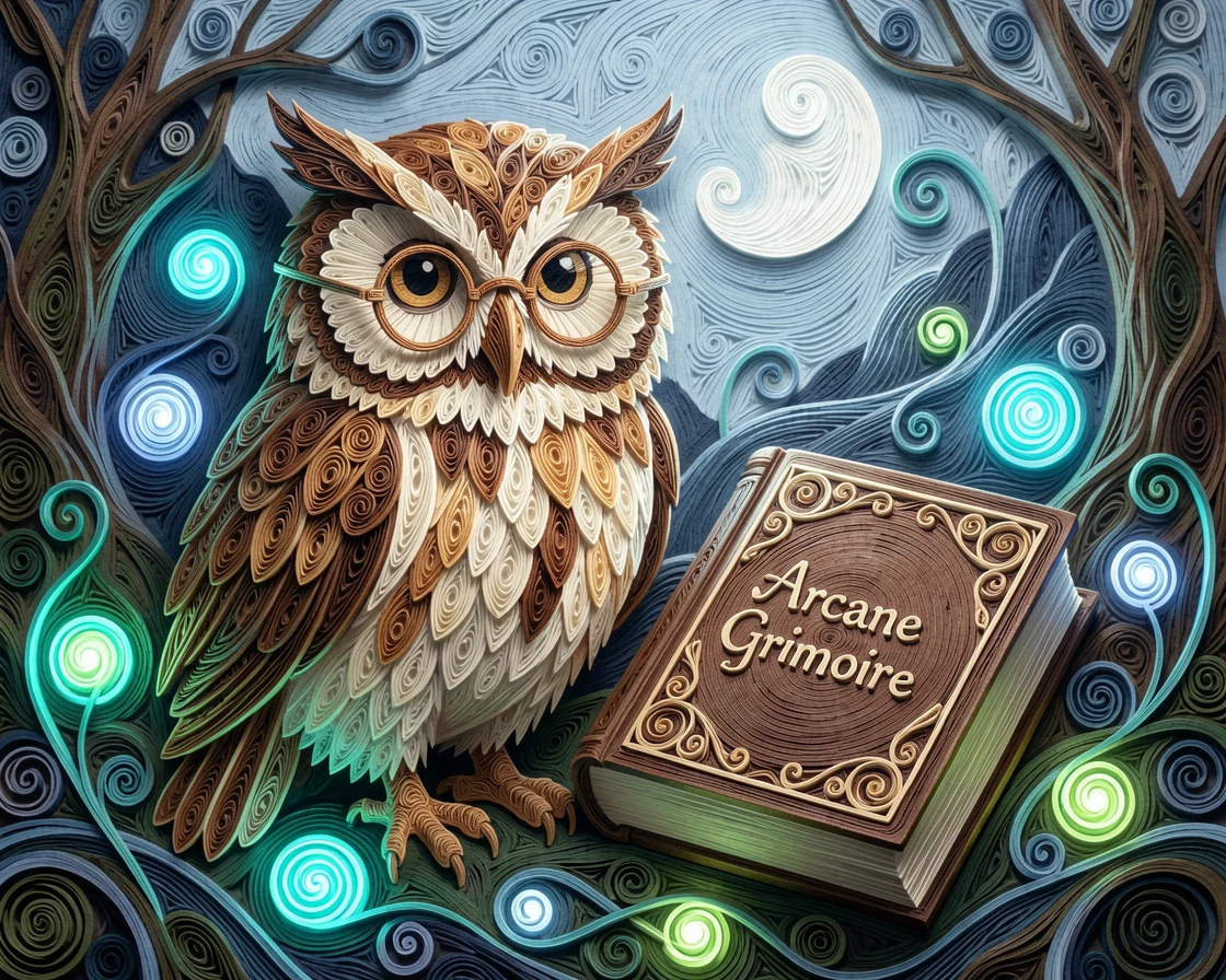 A magical fantasy scene of a wise old owl wearing tiny spectacles beside a spellbook in a hidden valley bathed in moonlight, with soft bioluminescent glow illuminating the scene, captured in an intimate close-up glowing softly.