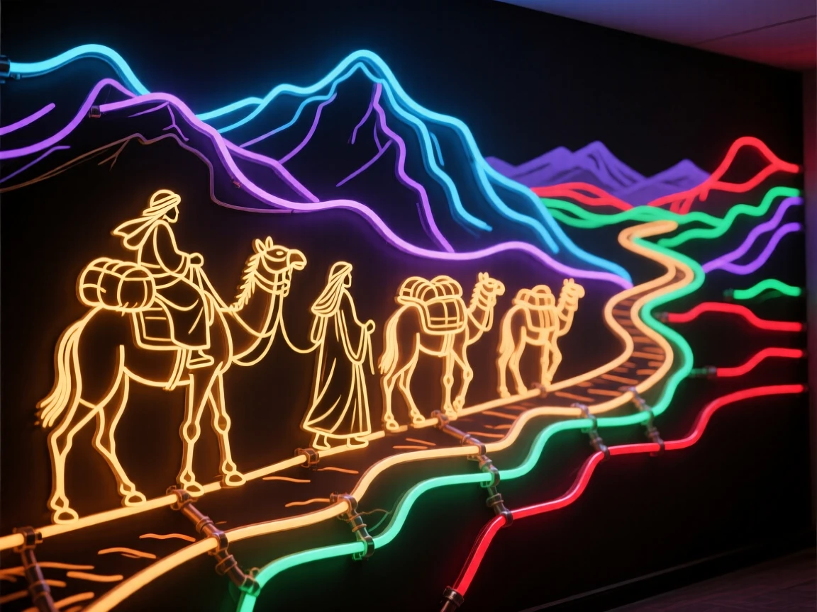 A detailed vignette of a caravan of traders crossing a mountain pass on the Silk Road.