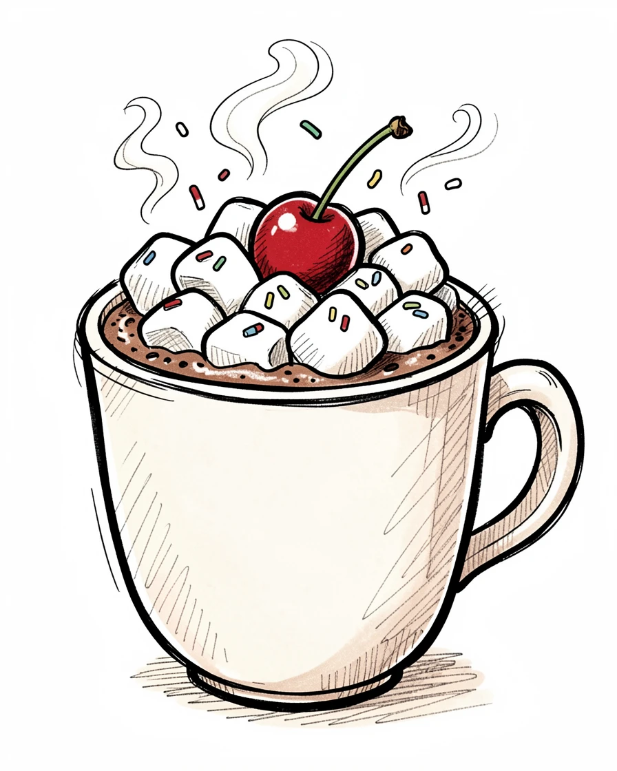 A steaming mug of hot chocolate with marshmallows topped with a cherry and sprinkles.