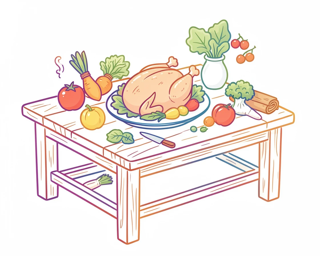 A rustic farmhouse table set with a roast chicken surrounded by vegetables.