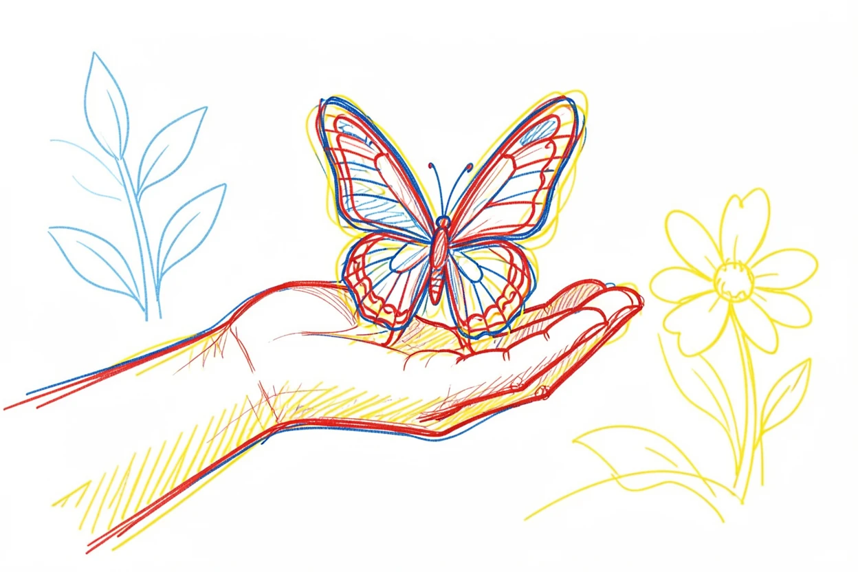 A butterfly resting on a child's outstretched hand in a garden