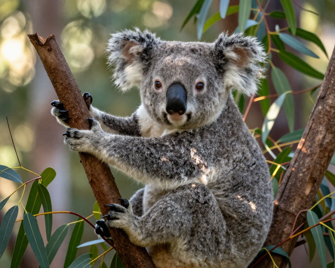 A koala clinging to a eucalyptus branch