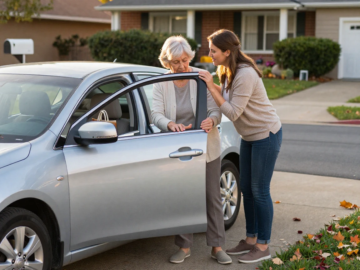 A daughter helps her elderly mother into a car, holding the door steady.