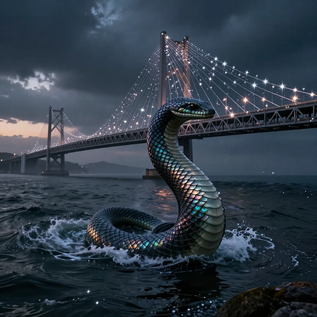 A sea serpent coiling through dark waters standing across a bridge spun from starlight