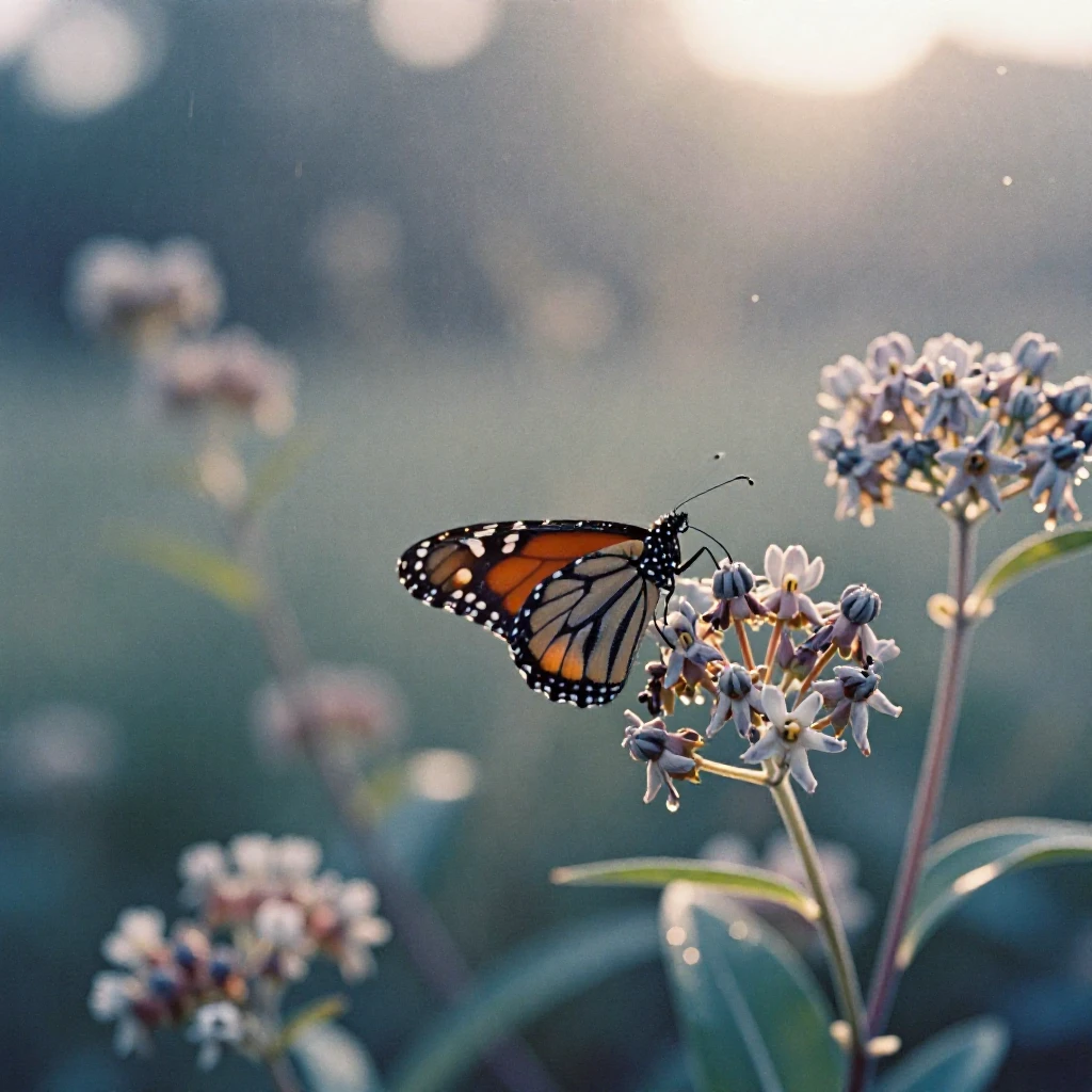 A monarch butterfly resting on a cluster of milkweed flowers, in warm morning light, under a light drizzle, as spring blossoms unfurl, in cool blues and silvery greys, from a slightly elevated vantage point.