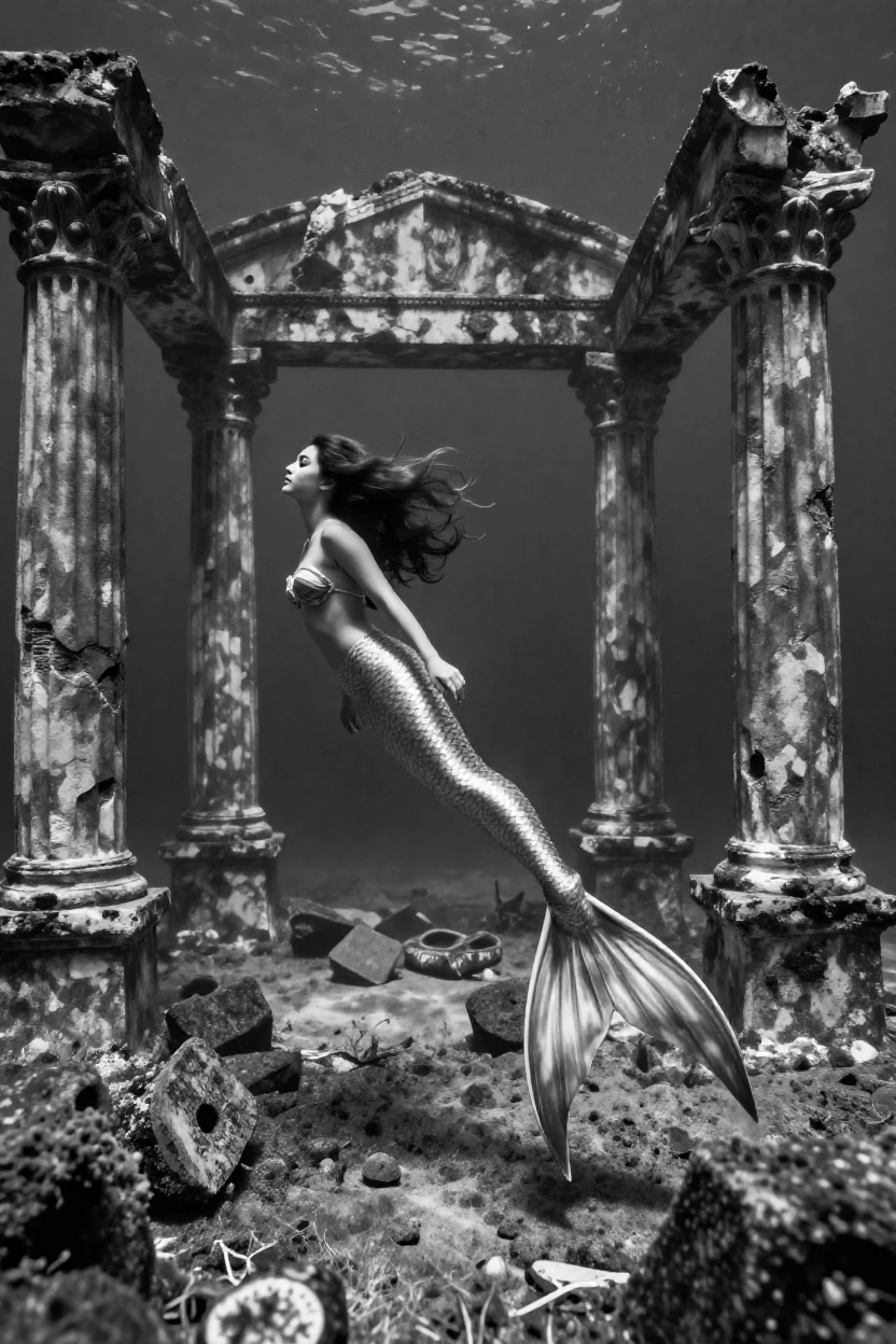 A mermaid swims gracefully among sunken ruins around ancient underwater columns.