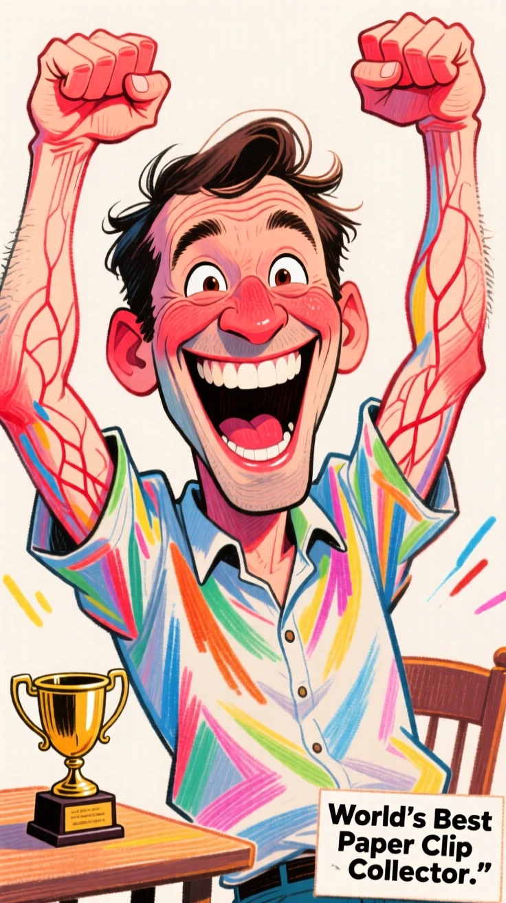 A man dramatically over-celebrating a minor personal victory, fists pumped high.