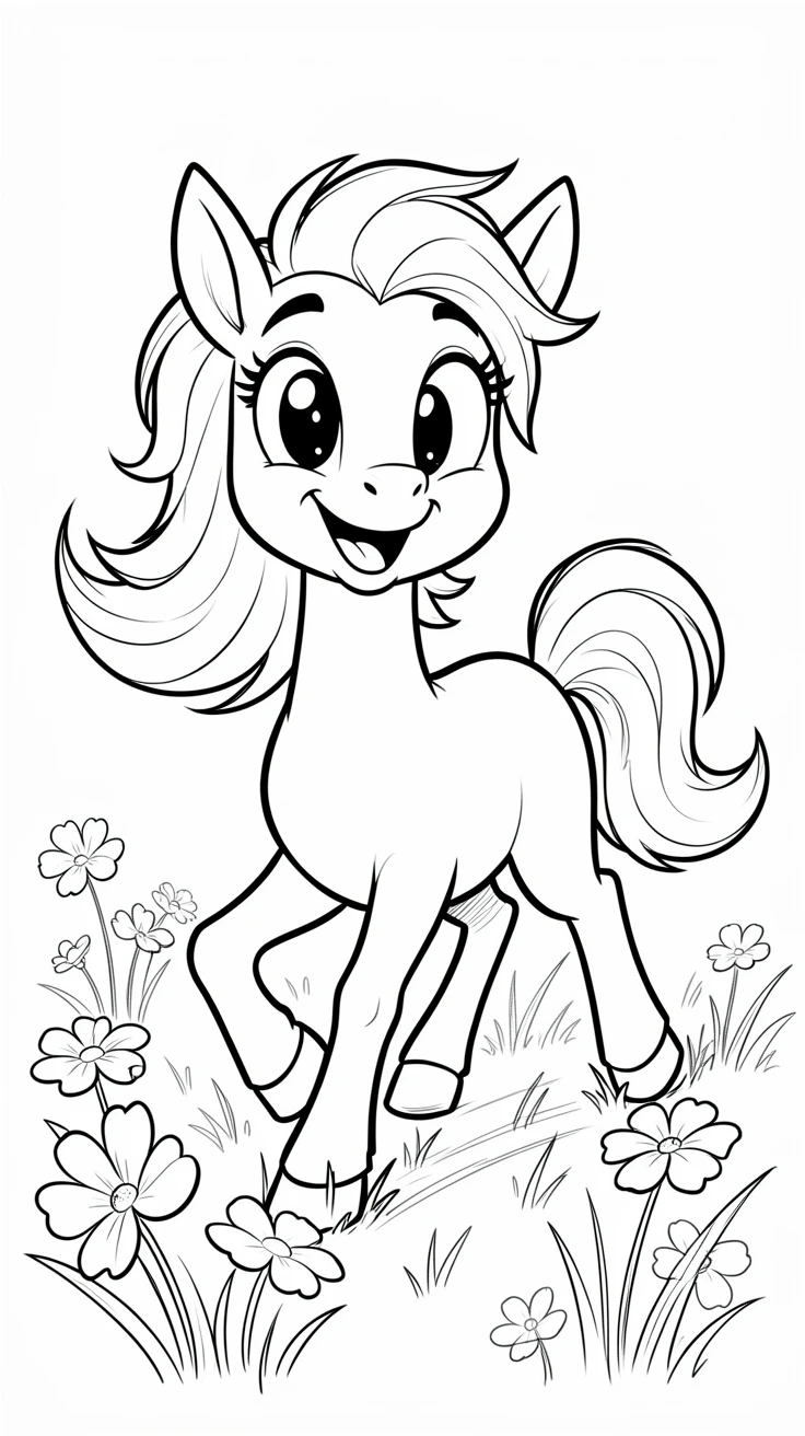 [Cute Animals & Pets] Adorable scene of a spirited pony trotting through a field of wildflowers, bursting with charm and playful energy