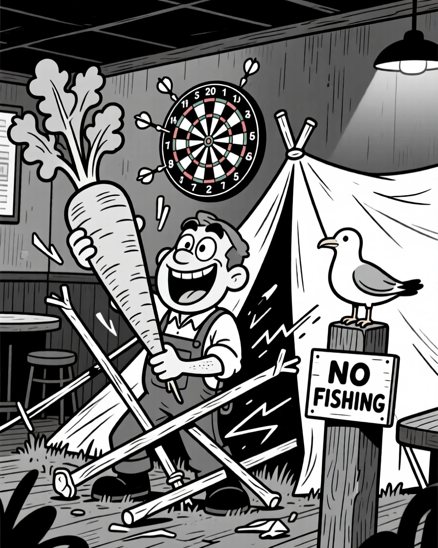 A gardener triumphantly holding a giant vegetable, getting swallowed by the collapsing tent poles, set at a dimly lit pub dartboard. A seagull watches the chaos from a nearby post. The moment captures determination with a comic twist.
