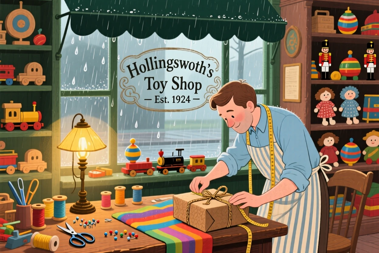In an old-fashioned toy shop, a tailor measuring fabric is busy wrapping a gift in brown paper and string, with a gentle rain pattering on the awning.
