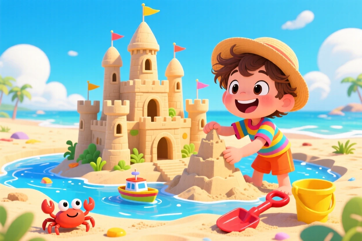 A child building an elaborate sandcastle with turrets and a moat.