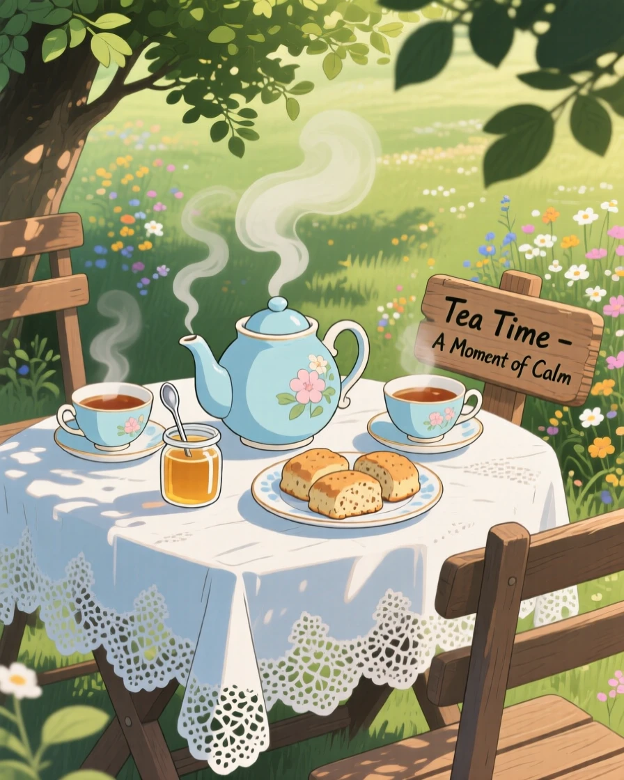 A warm, inviting scene of a tea set arranged on a lace tablecloth in dappled sunlight, as steam curls gently into the air.