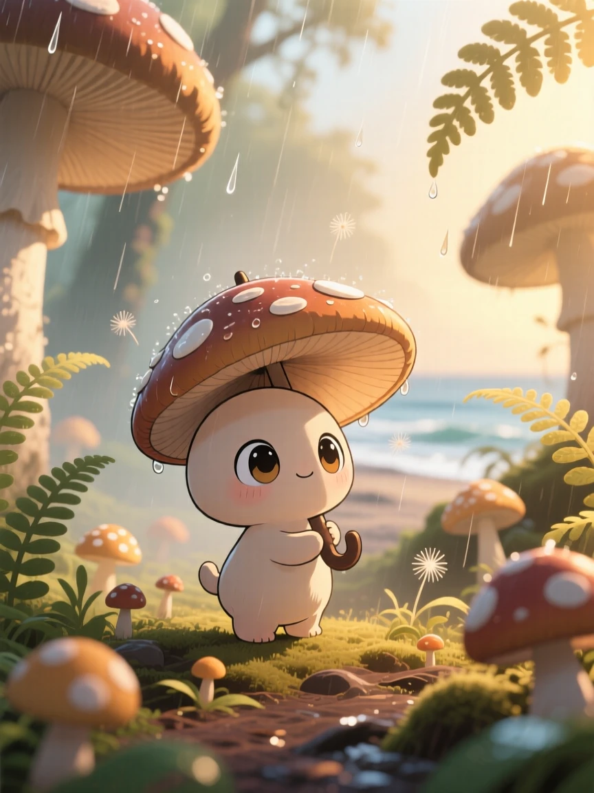 A tiny mushroom spirit opening its cap like an umbrella in the rain, framed as an over-the-shoulder view within a misty fungal forest, on a breezy coastal afternoon, glowing under soft golden-hour sunlight, evoking wide-eyed wonder.