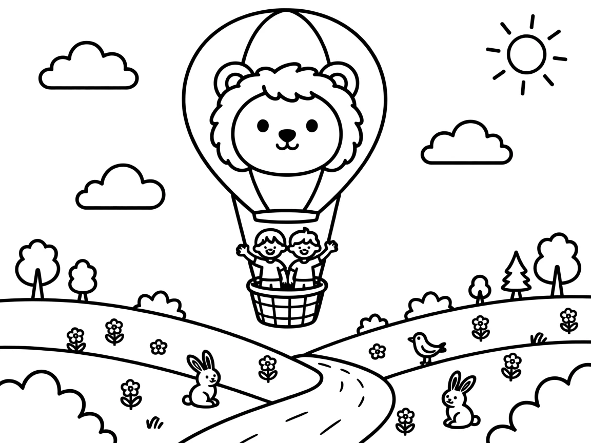 A hot air balloon shaped like a giant animal floating over hills