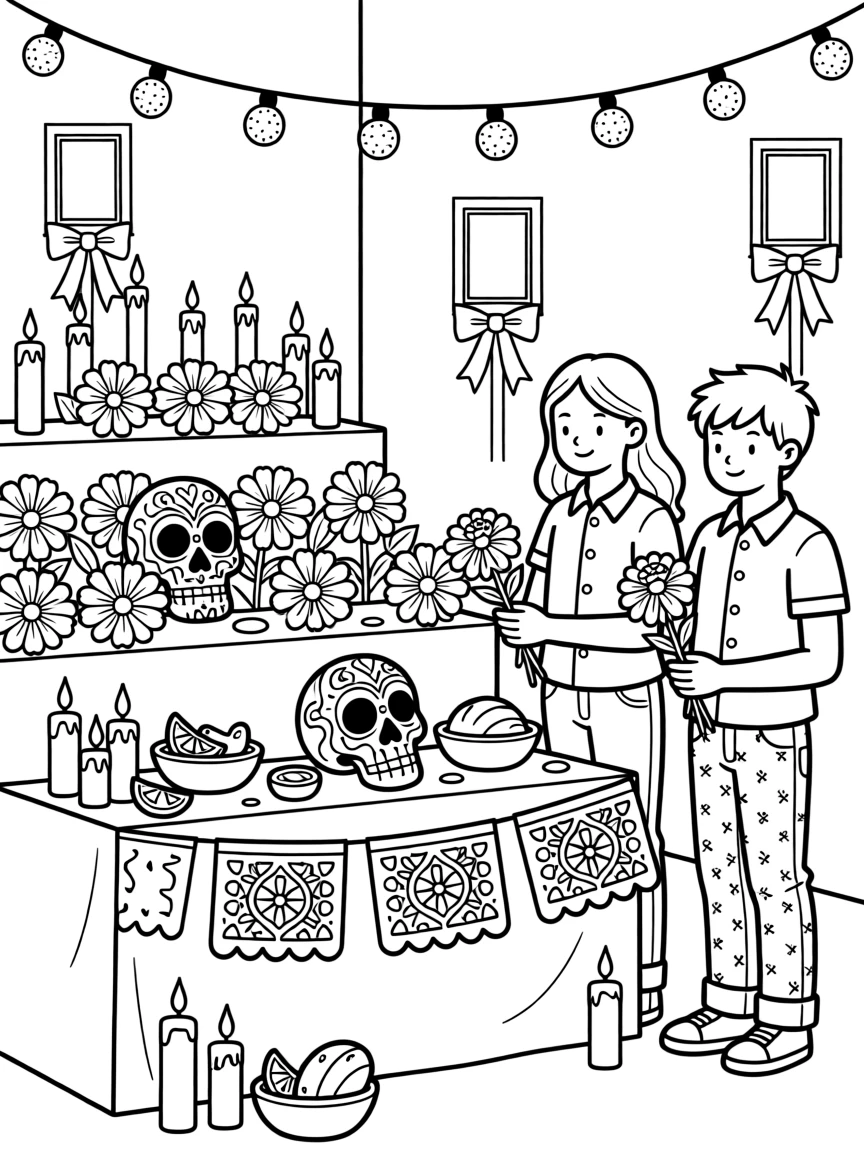 A Day of the Dead altar decorated with marigolds and candles, with strings of lights framing the setting.
