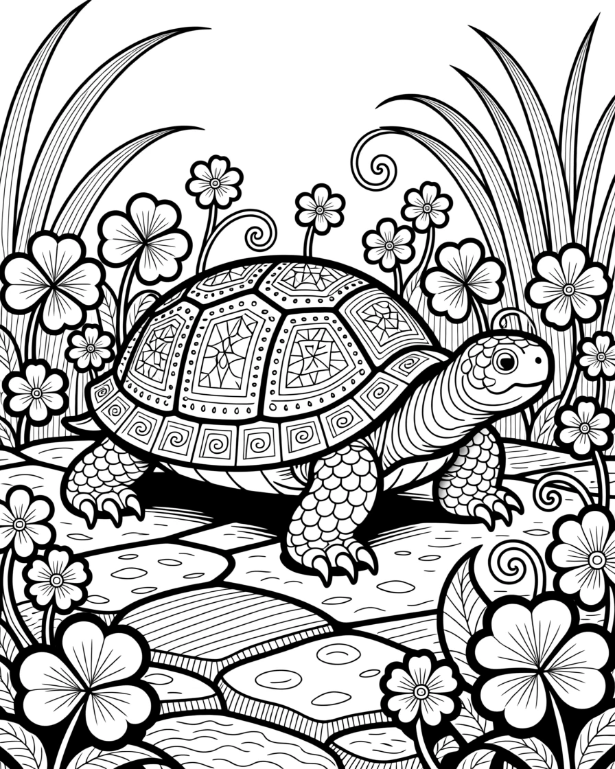 A tortoise slowly making its way through a garden of clover.
