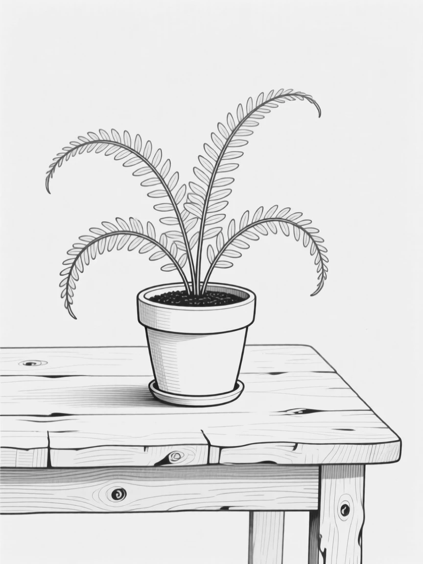 A potted fern on a rustic wooden table