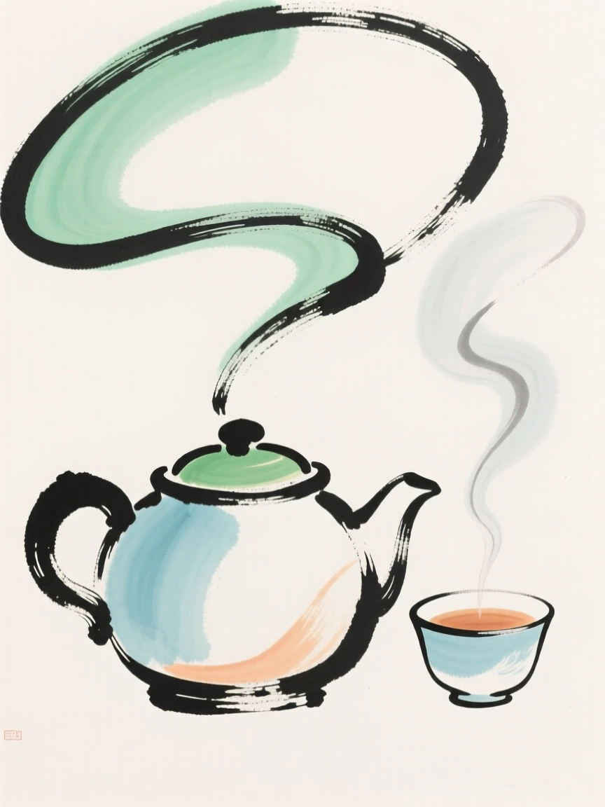 A pot of tea steaming beside a small porcelain cup.