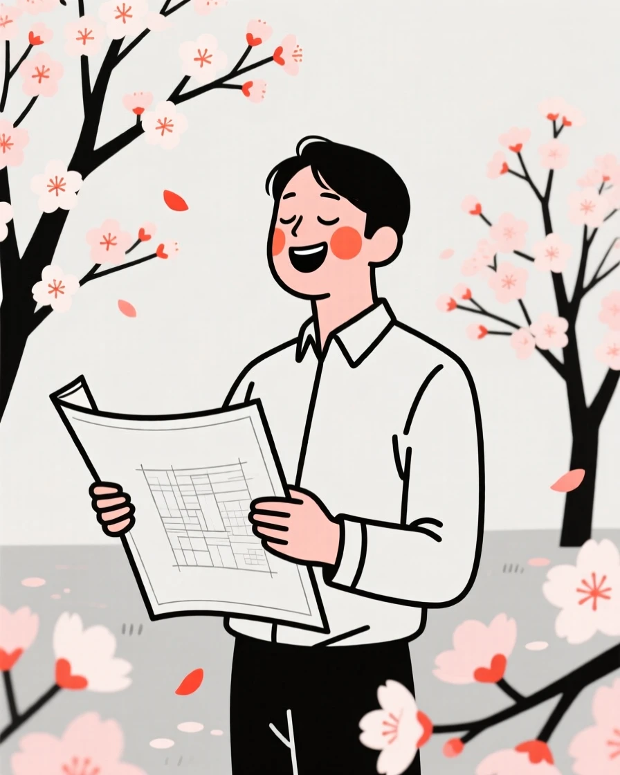 An architect reviewing blueprints, laughing with eyes closed, in a blooming cherry blossom garden.