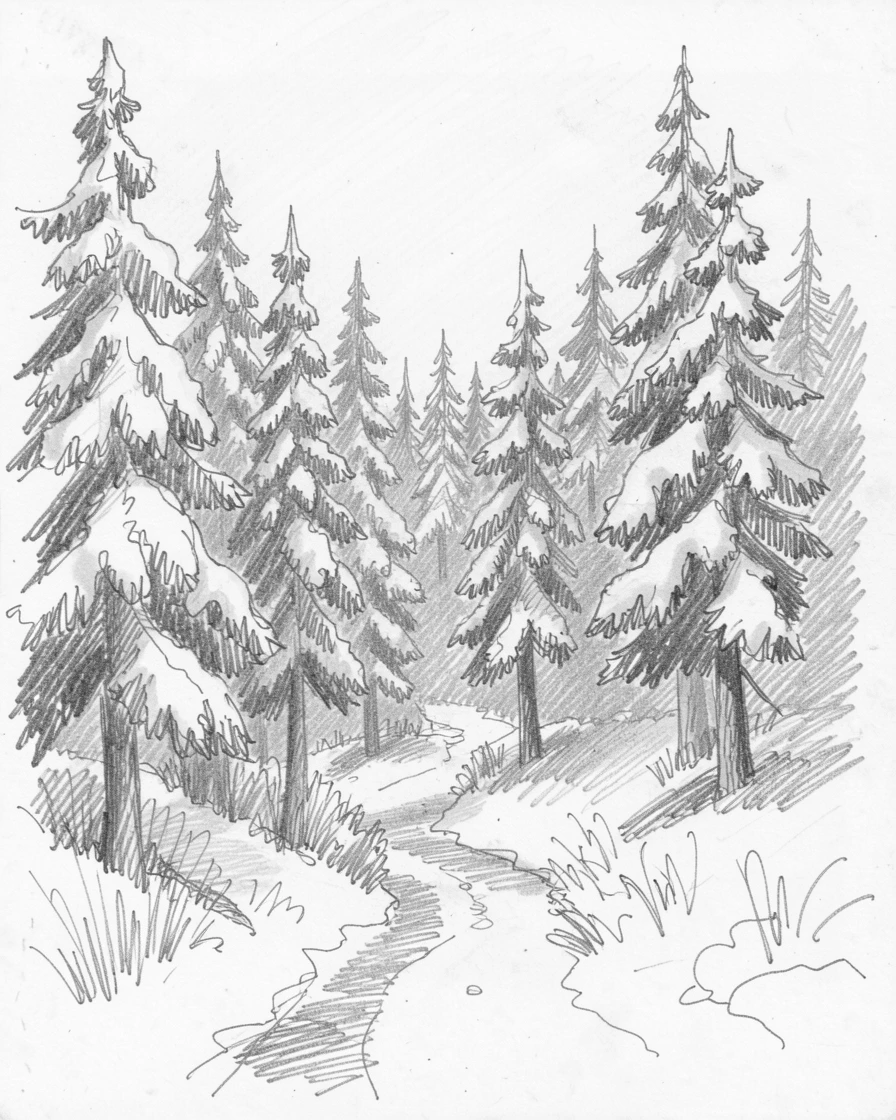 Sweeping landscape of a pine forest after fresh snowfall bathed in the warm glow of sunrise, with a narrow path leading into the distance.