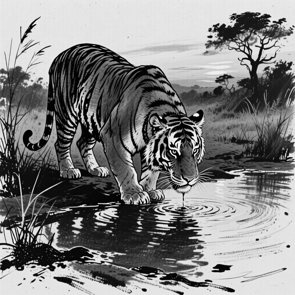 A tiger gathered around a watering hole at dusk.