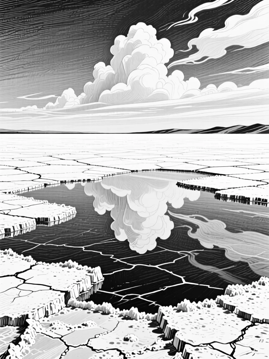 A vast salt flat reflecting the sky like a mirror to the horizon.