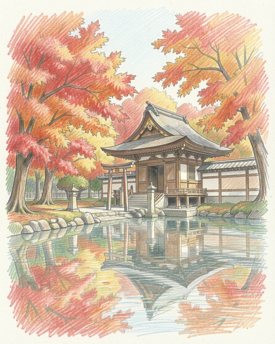 A quiet Kyoto shrine surrounded by autumn maple leaves, with reflections shimmering on calm water nearby, evoking wanderlust and the magic of far-off places.