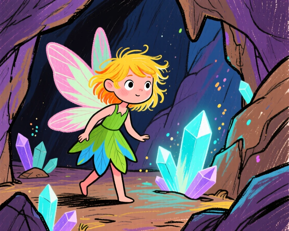 A forest fairy exploring a cave lit by glowing crystals.