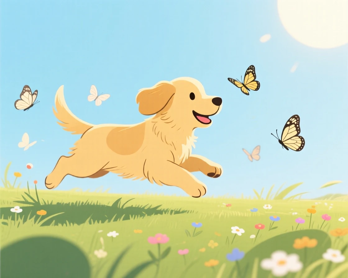 A playful golden retriever puppy chasing butterflies in a sunny meadow.