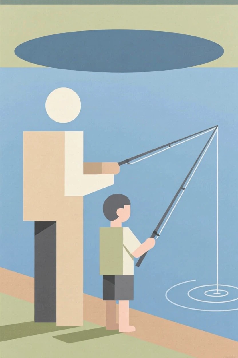 A father teaching his son to fish by a lake