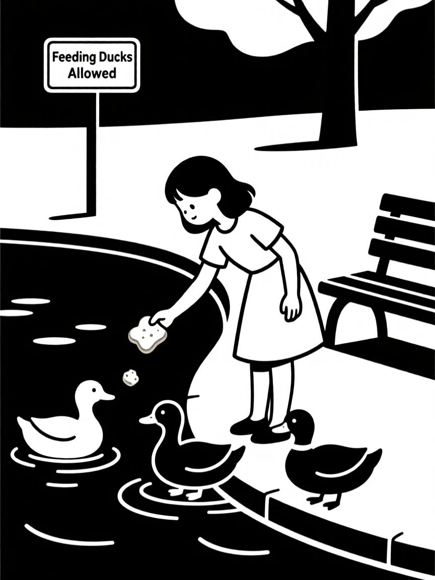 A young girl feeding ducks at a park pond.