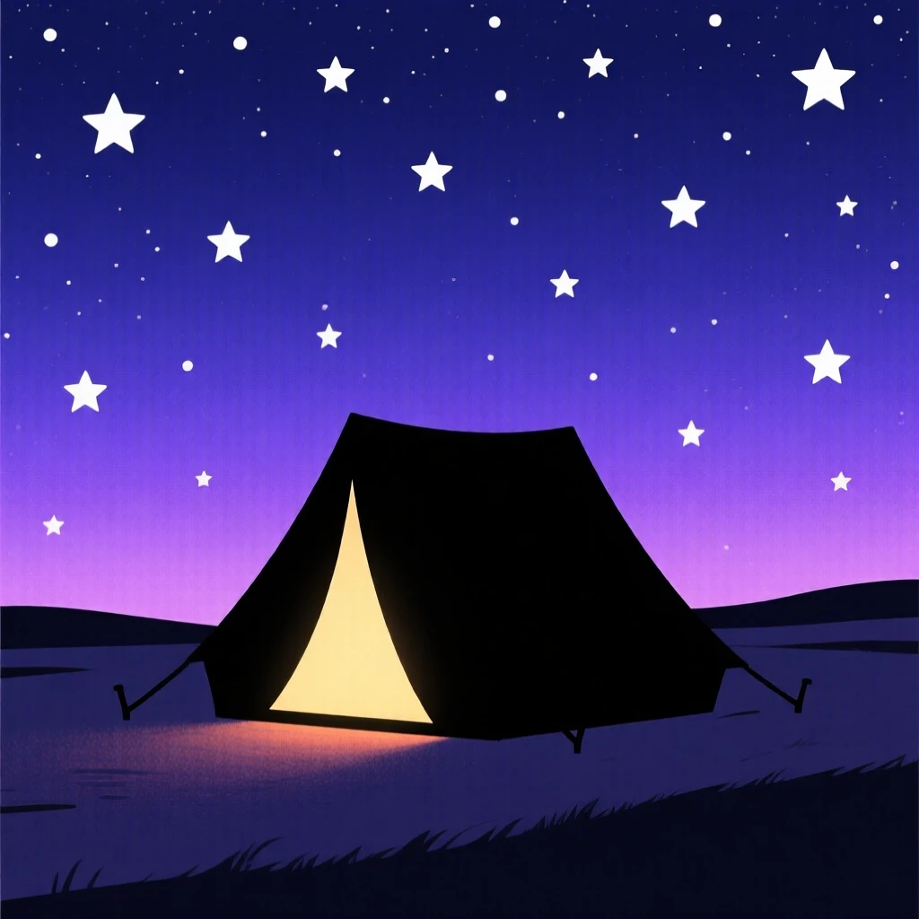 A small tent glowing from within, pitched beneath a sky full of stars.