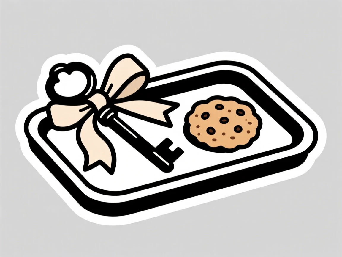 A peaceful antique key on a ribbon, set on a tray with a single cookie, in a cozy cottage kitchen.