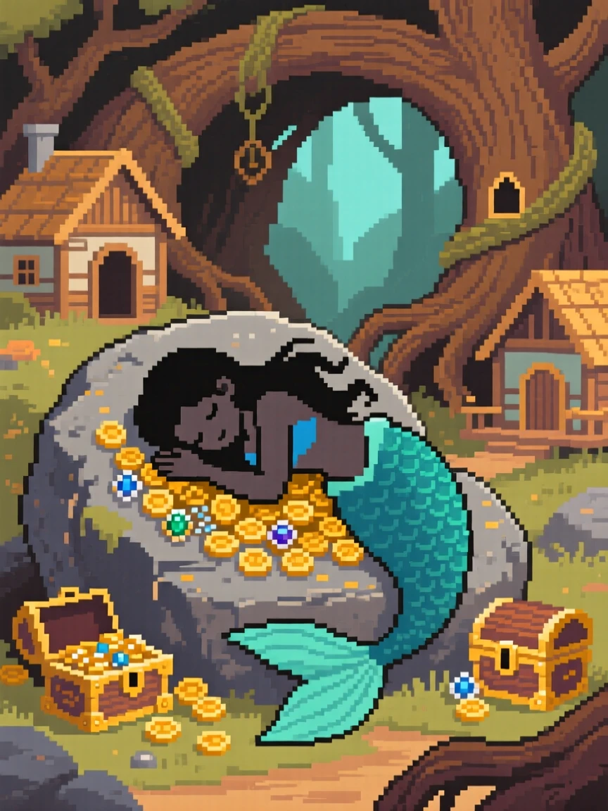A mermaid resting on a rock napping curled around a treasure hoard, in a village built into giant tree roots.