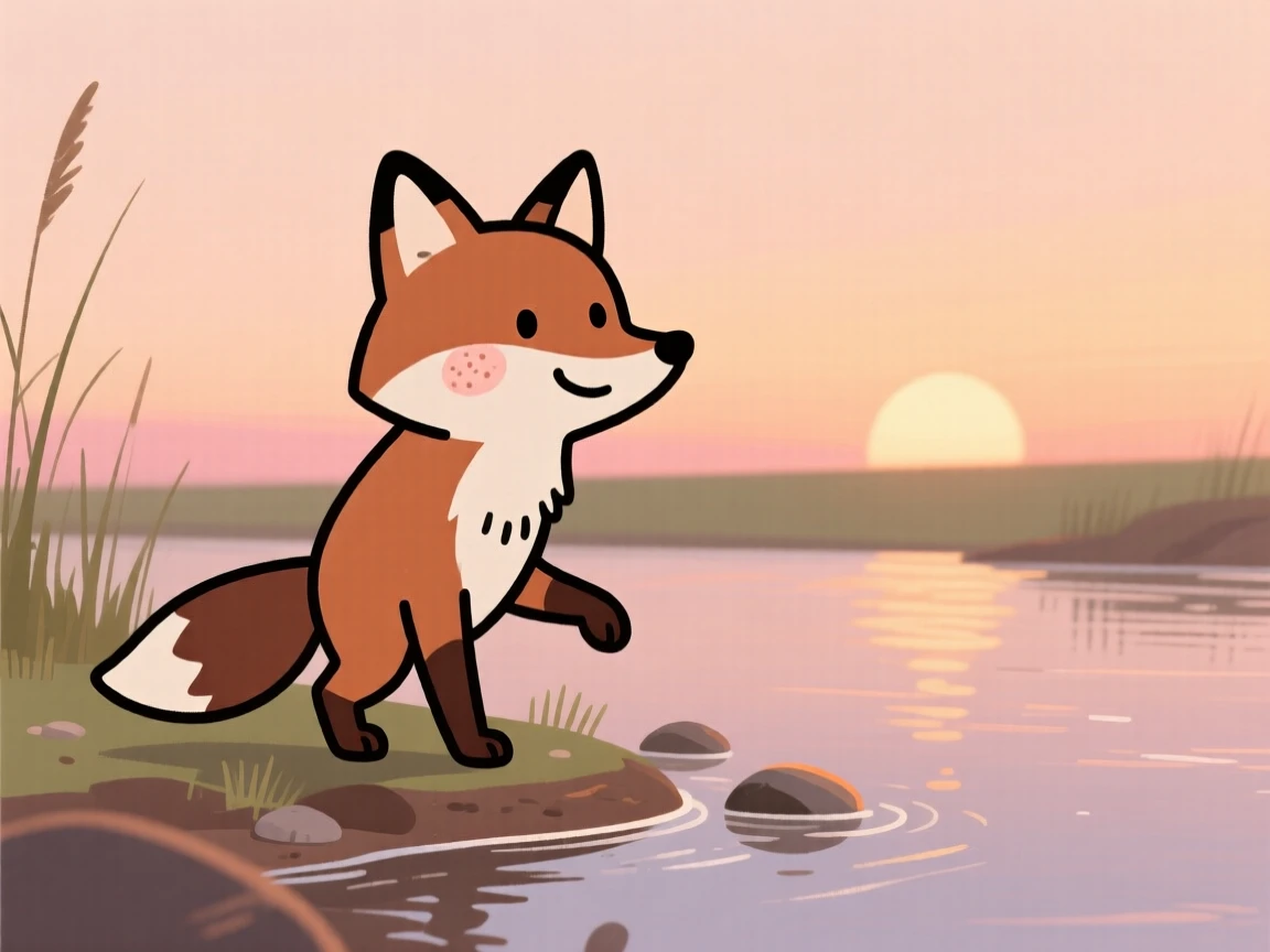 A fox stands at the edge of a quiet riverbank, pausing mid-step as the setting sun paints the sky in warm colors.