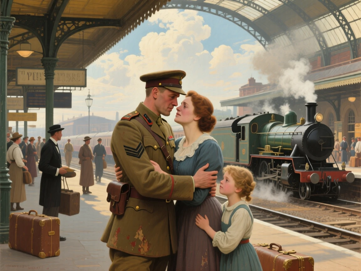 A centered composition of a soldier reuniting with his family at a bustling train station, beneath drifting clouds, at the start of a humid summer.