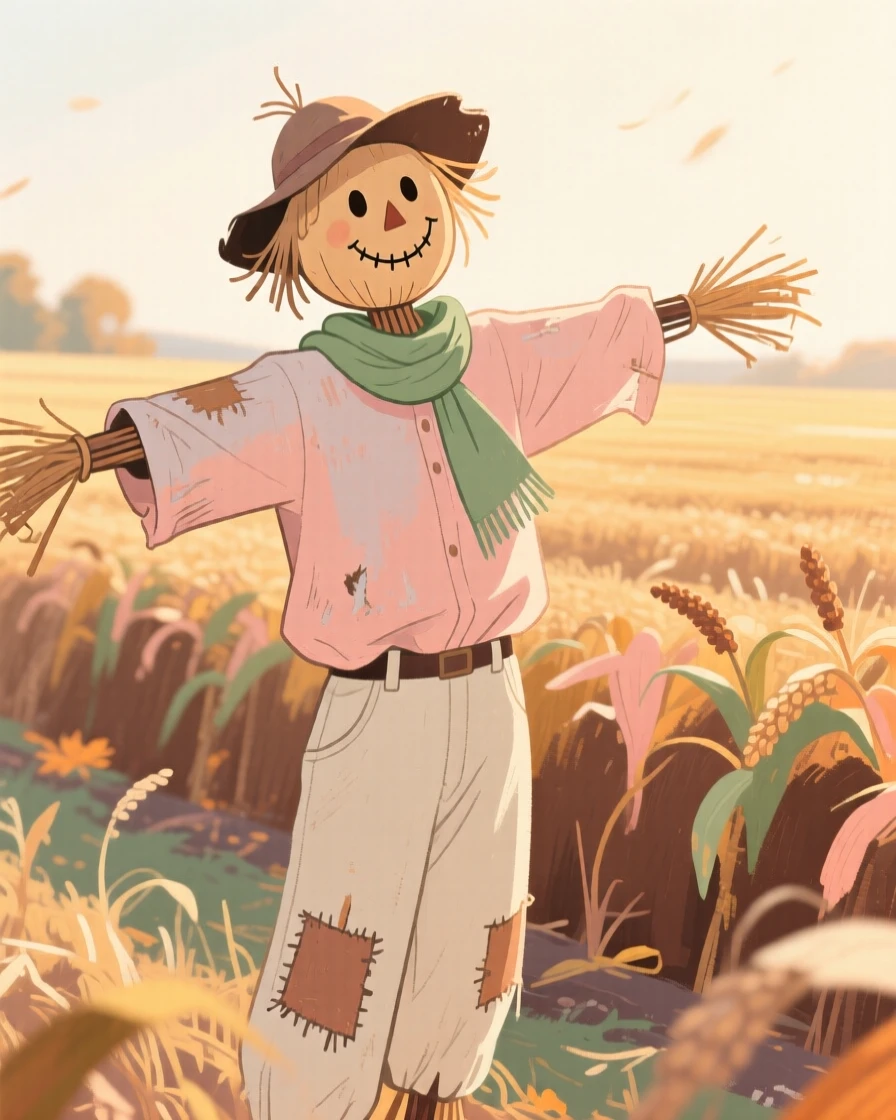 A scarecrow standing watch over a field ready for autumn harvest