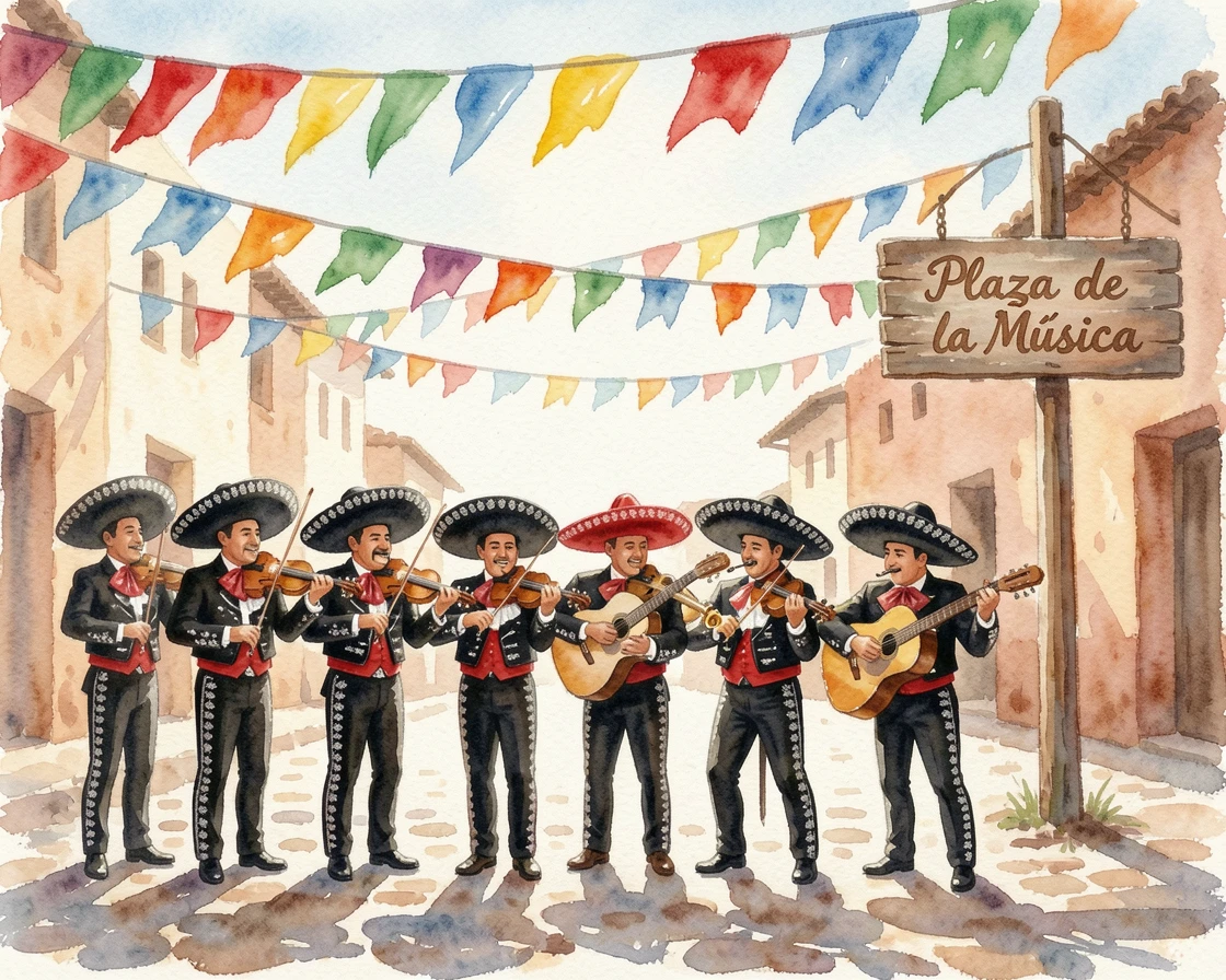 A Mexican mariachi band performing in a town square under strings of colorful festival flags.