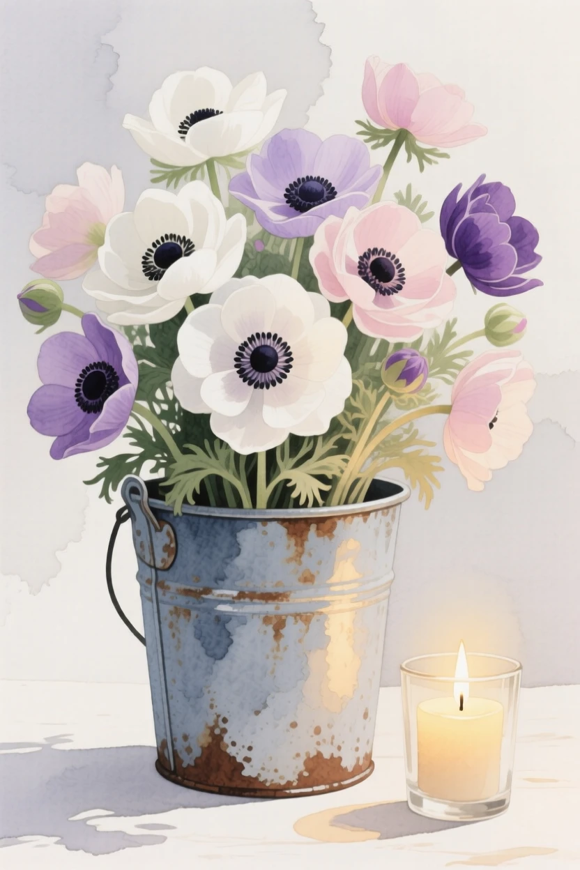A bouquet of anemones in soft, layered tones fills a rustic tin bucket beside a flickering candle, petals catching the gentle light